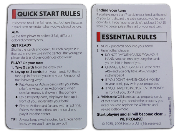 Monopoly Deal Photos: Quick Start Rules Cards
